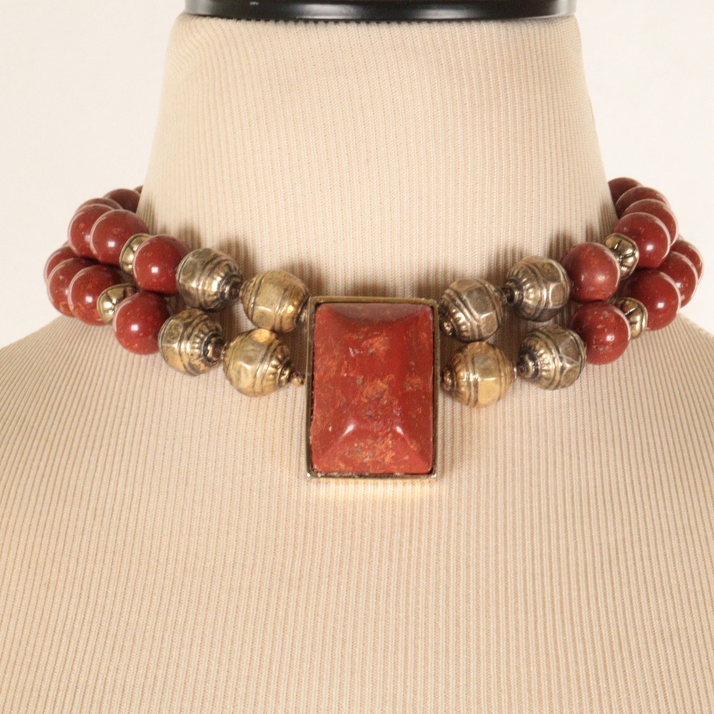 Vintage Les Bernard Necklace Statement Choker Red Stone Beaded Women OS